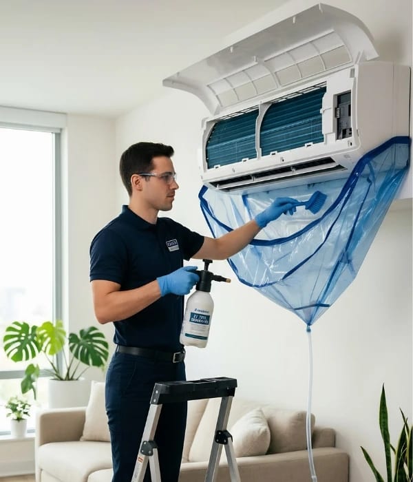 AC technician performing deep cleaning service