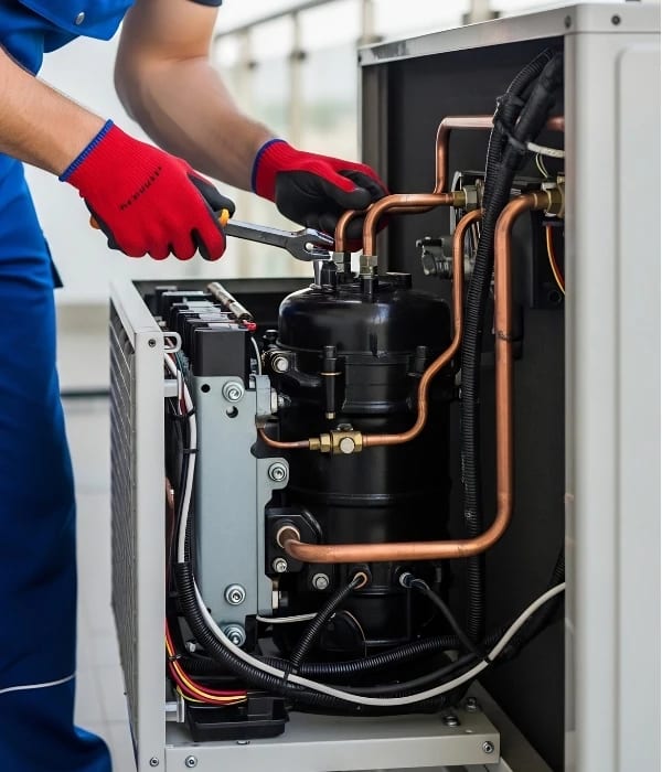 AC compressor repair technician at work