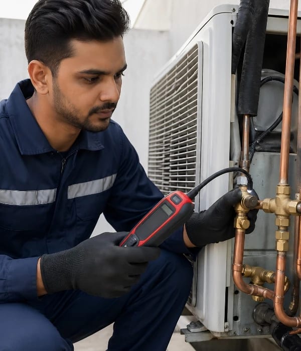 AC technician detecting and repairing refrigerant gas leak