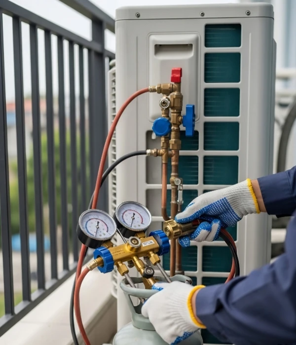 AC technician performing gas refill and refrigerant recharge