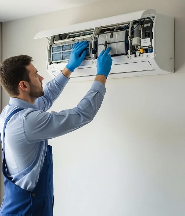 AC technician performing annual maintenance service