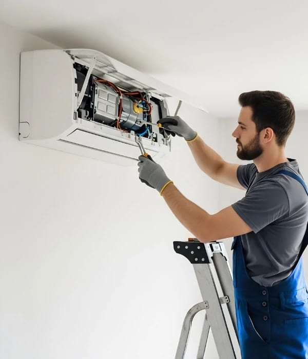 AC repair technician at work