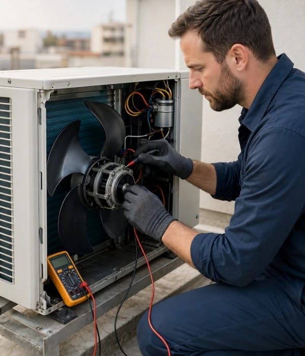 AC technician repairing indoor blower and outdoor fan motor