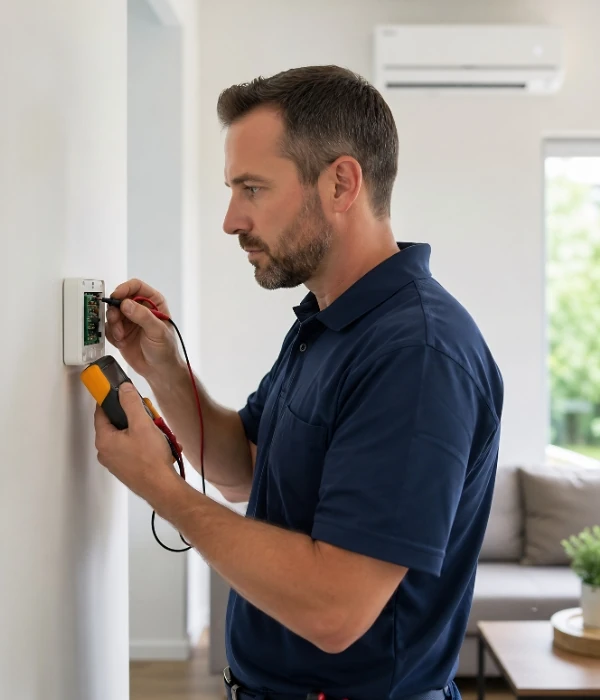 AC technician repairing and calibrating a thermostat