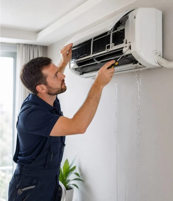 AC technician repairing water leakage from indoor AC unit